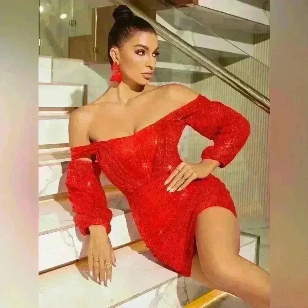 SHEIN Glamaker Off Shoulder Lantern Sleeve Sequin Bodycon Dress SOLD OUT ONLINE